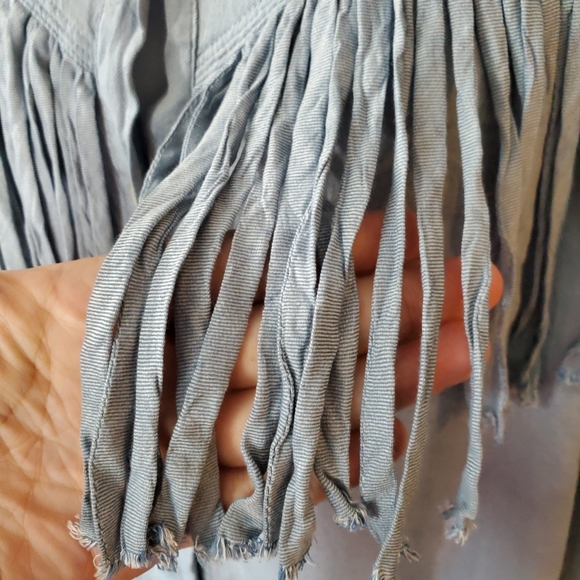 Ella Moss Blue Twill-Like Soft Western Fringe Button Down Shirt - Picture 3 of 8
